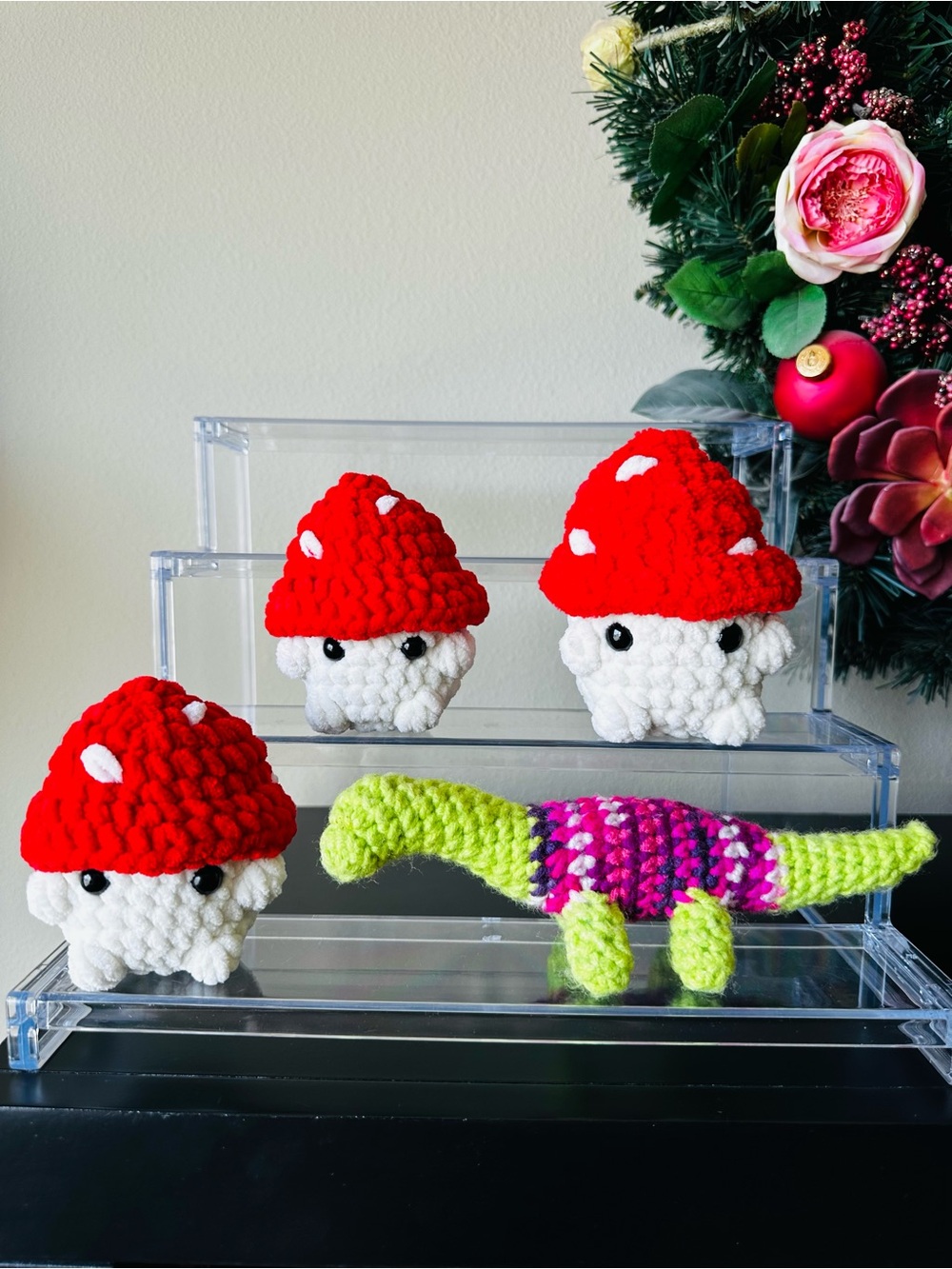 Crochet 3 Amigurumi Mushroom Plush & 1 Dinosaur Lot of 4 Stocking Stuffers